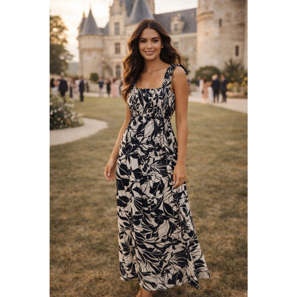 Emma Michele Tropical Floral Smocked Maxi Dress Cottagecore Resort‎ Boho Vaca
